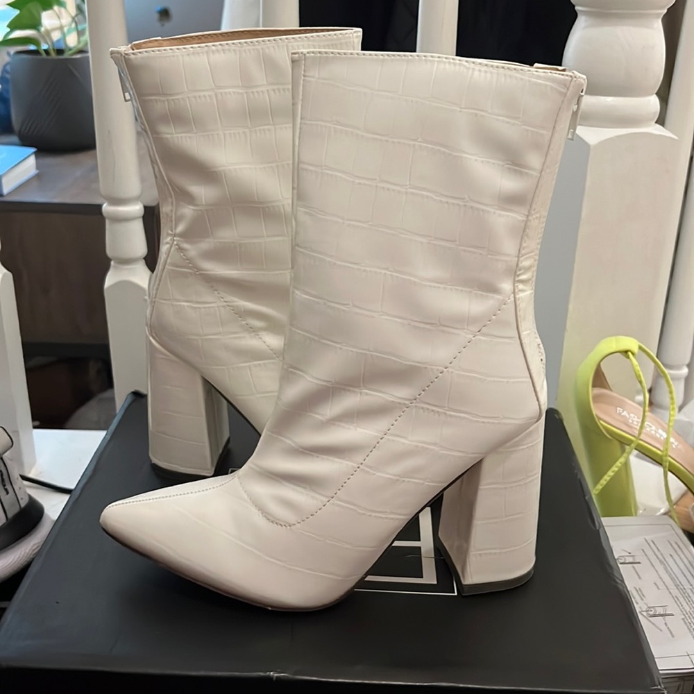 Snakeskin white patent booties